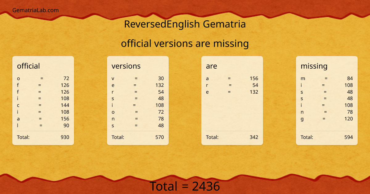 official versions are missing in reversedEnglish Gematria
